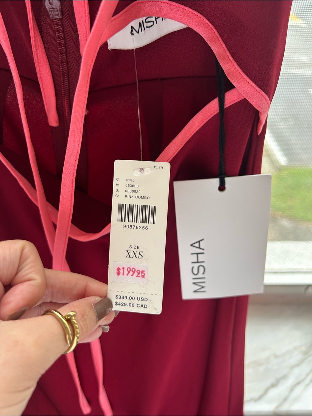 NWT Misha Spaghetti-Strap Burgundy Cutout Maxi Dress with Pink Trim - Picture 5 of 6